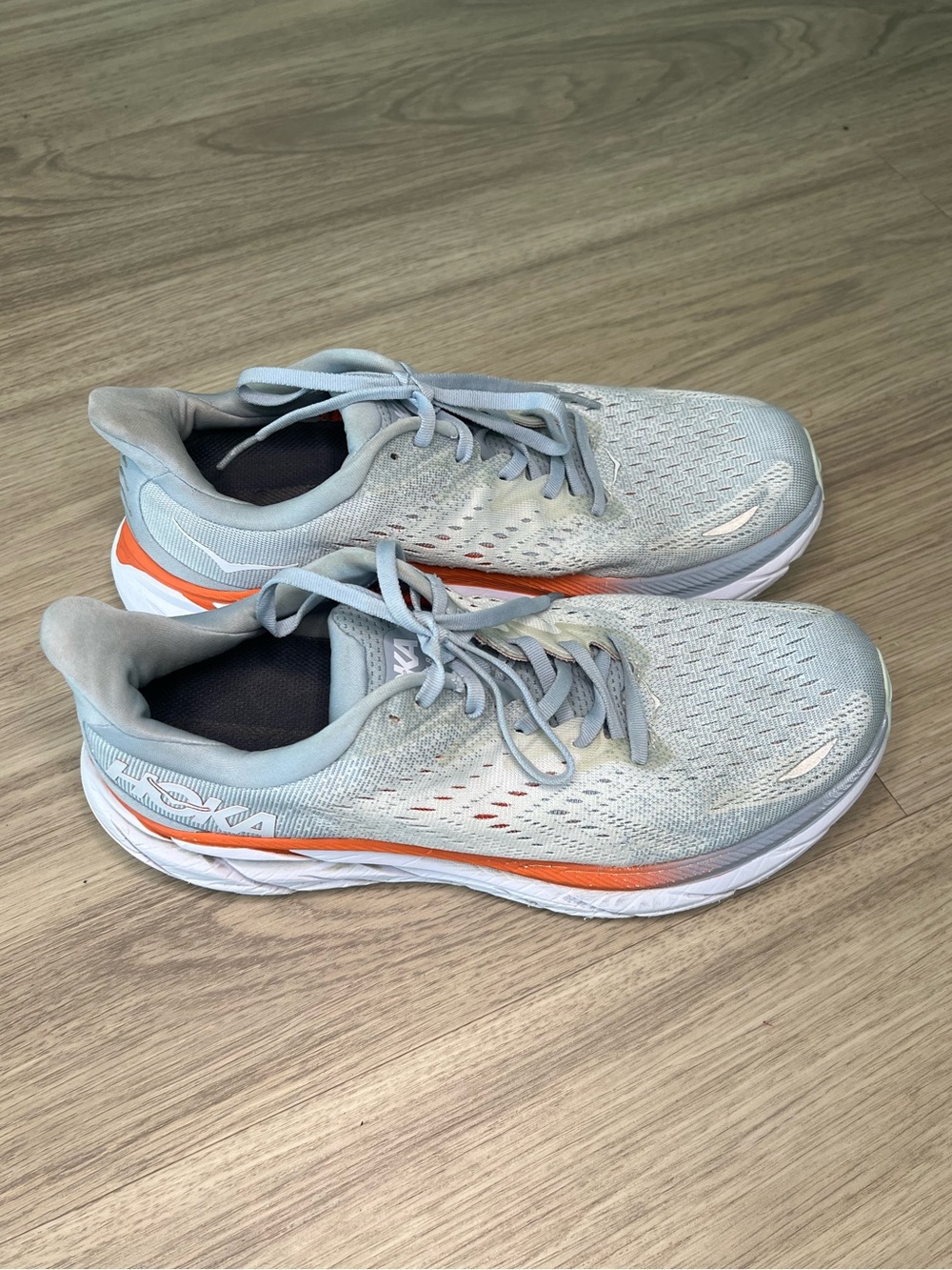 Hoka Women's One Clifton 8 Sz 11D Grey Blue Fog Orange White Running Shoes *FAIR